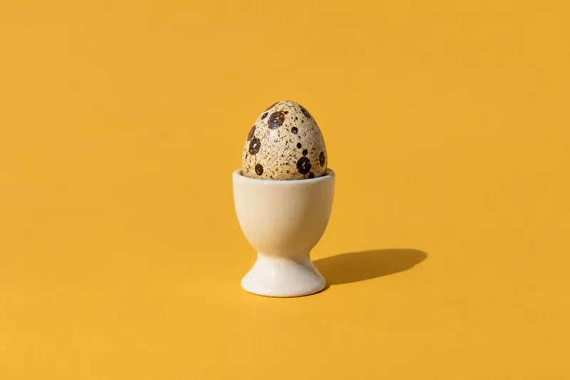 A speckled quail egg in a small cream egg cup, on mustard-yellow paper.