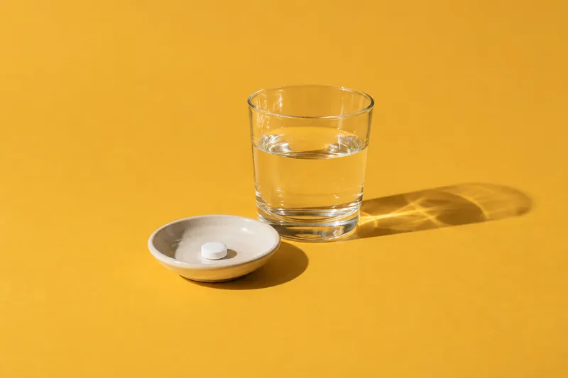 A single white pill on a small cream saucer beside a glass of water, on mustard-yellow paper.