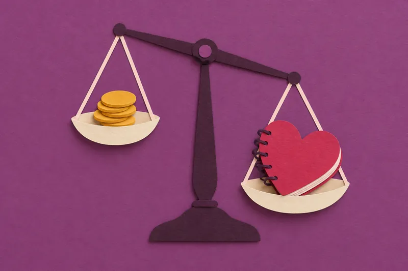 A paper balance scale: a cherry heart-shaped notebook outweighs a small stack of mustard coins, on plum paper.