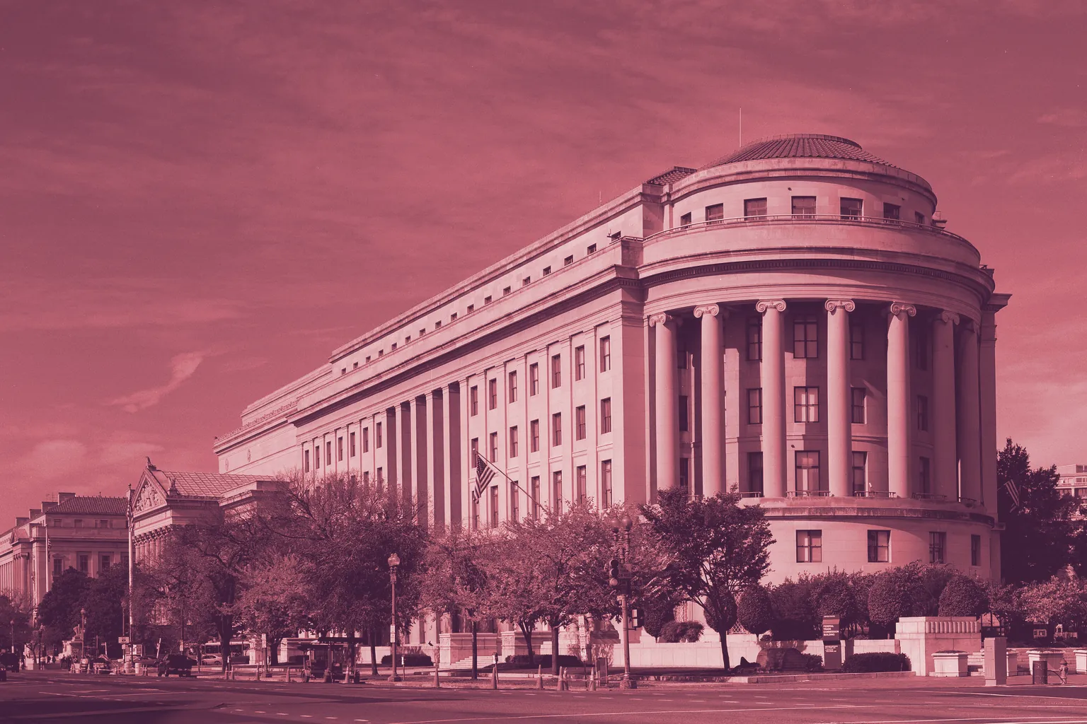 The Federal Trade Commission's Apex Building in Washington, DC, in a cherry duotone. Photo by Carol M. Highsmith, Library of Congress, public domain.