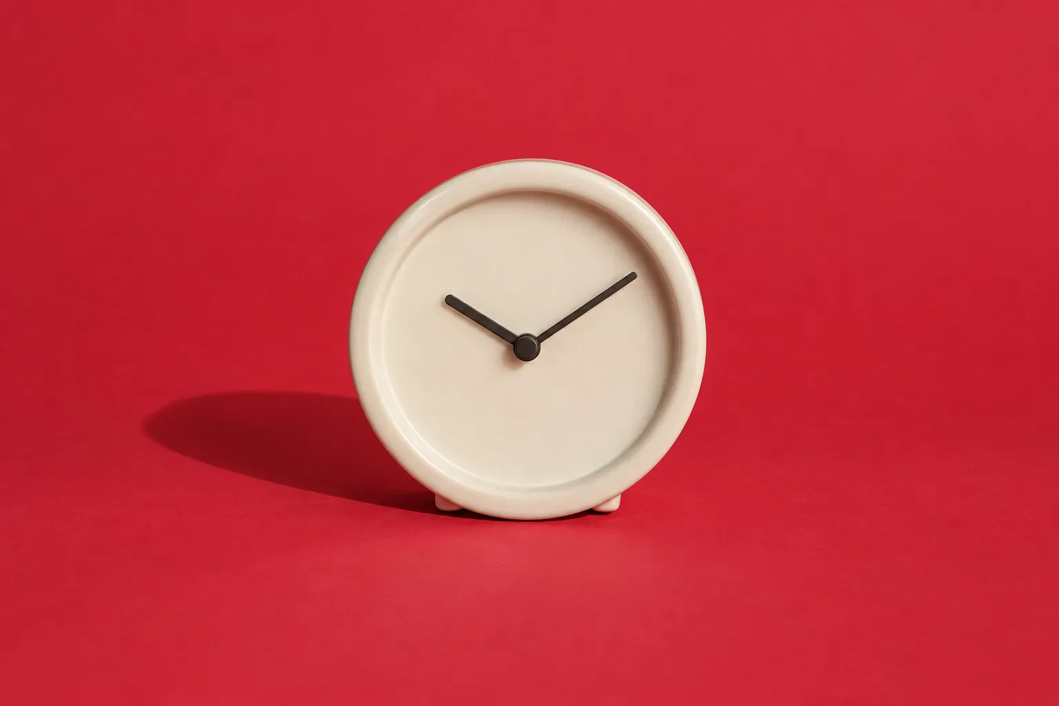 A round cream ceramic table clock with plain hands and no numbers, on cherry-red paper.