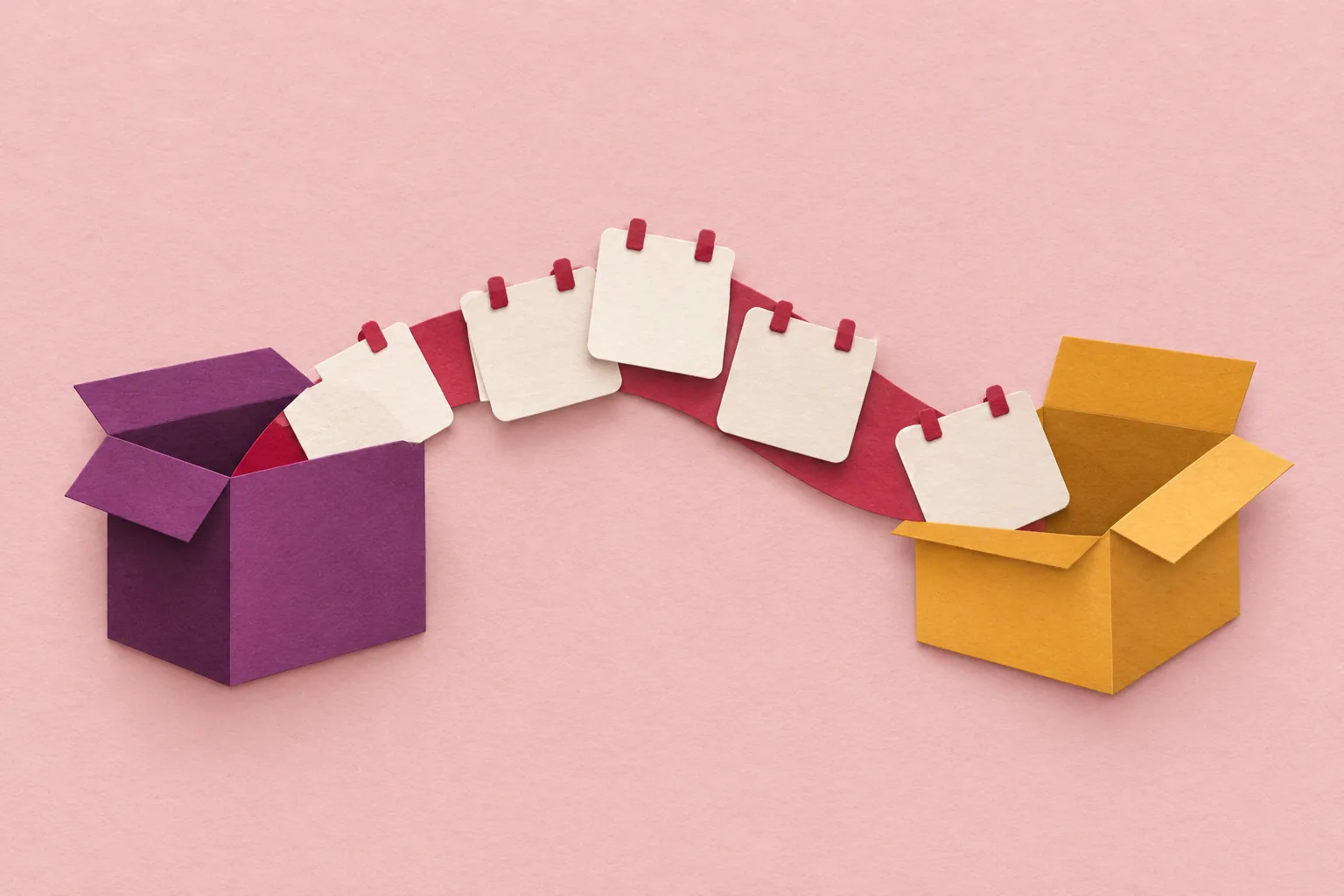 Cream paper calendar tiles travelling along a cherry paper path from a plum box to an open mustard box, on blush pink paper.