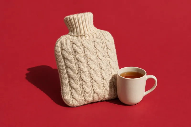 A cream cable-knit hot water bottle leaning beside a mug of tea, on cherry-red paper.