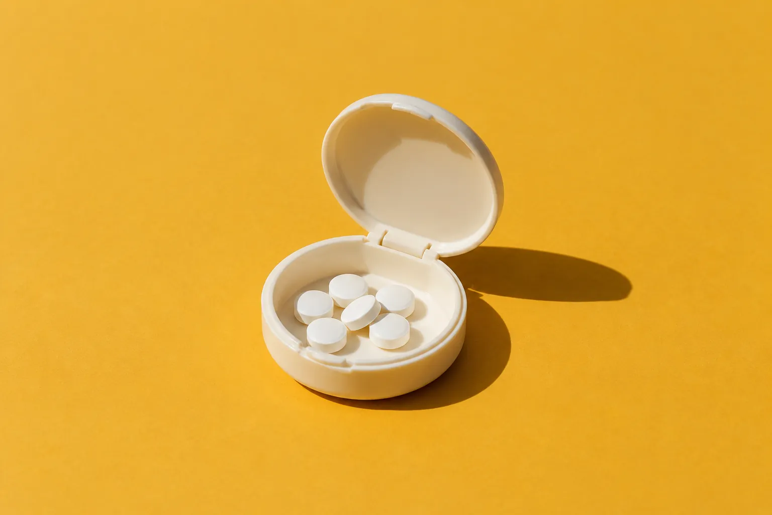 An open round cream pill case holding a few plain white pills, on mustard-yellow paper.