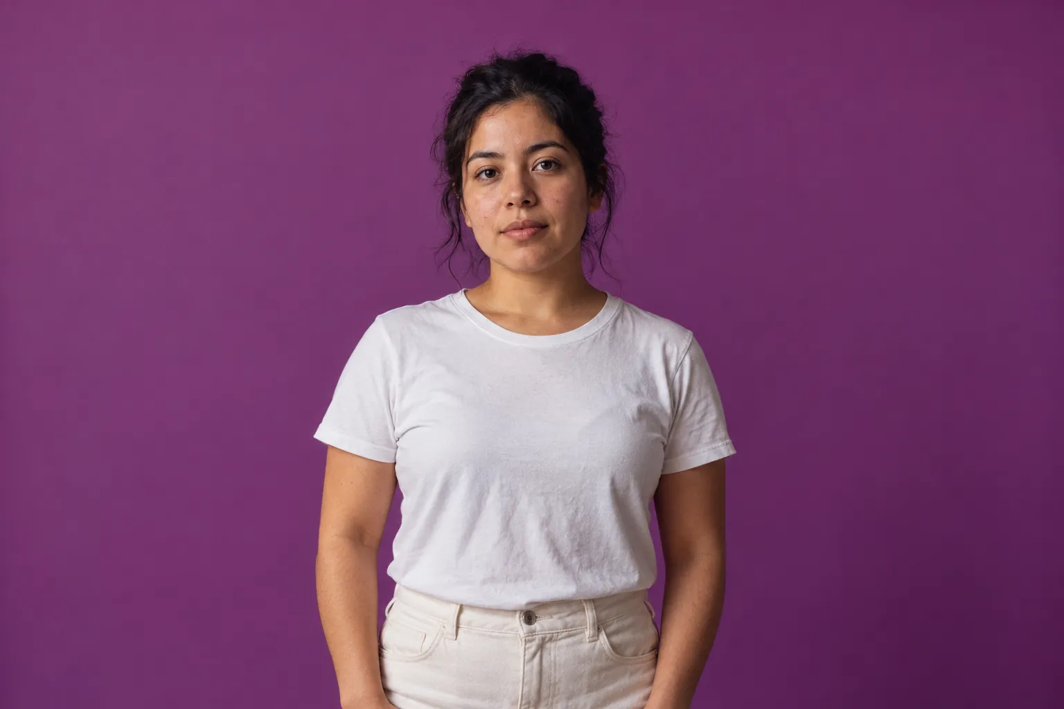 A young woman with dark hair pulled back, wearing a white tee, looks calmly at the camera against plum paper.