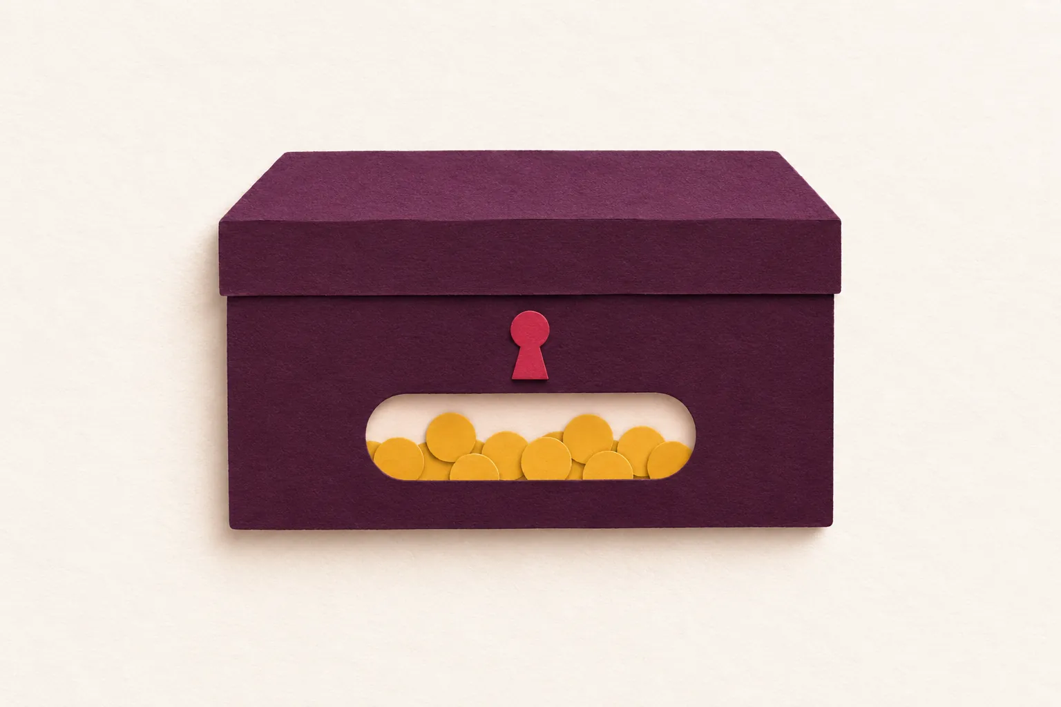 A closed aubergine paper box with a cherry keyhole and mustard dots resting safely inside a window, on cream paper.