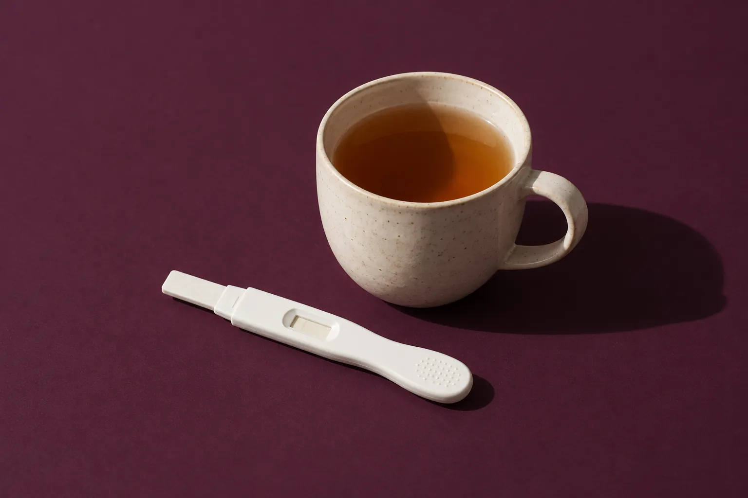 A plain white pregnancy test beside a cup of tea, on deep aubergine paper.
