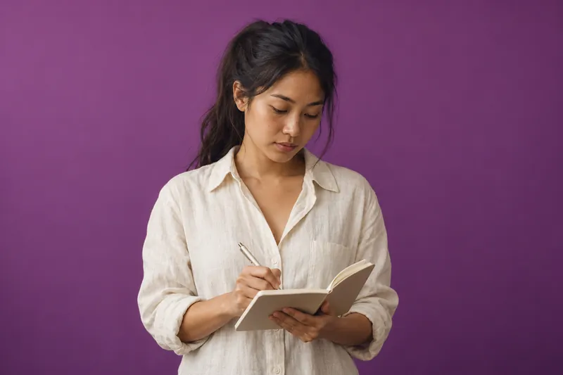 A young woman with a dark ponytail in a linen shirt writes in a notebook, against plum paper.