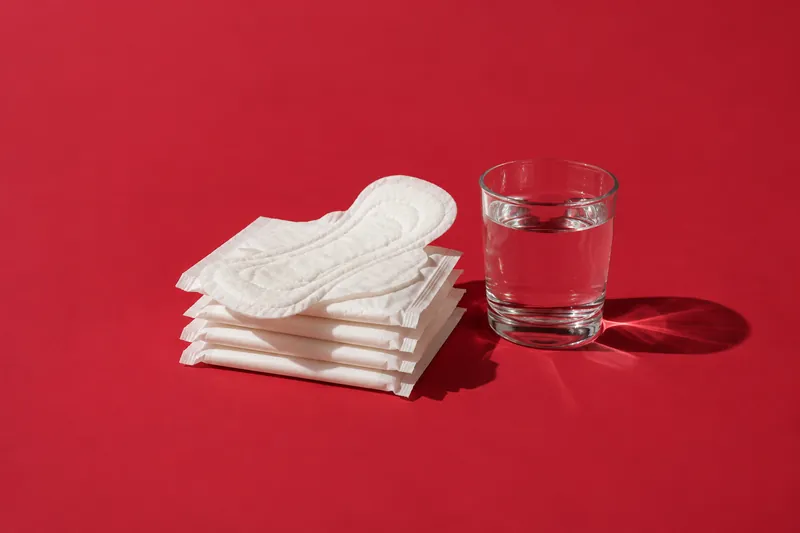 A stack of plain white pads beside a glass of water, on cherry-red paper.