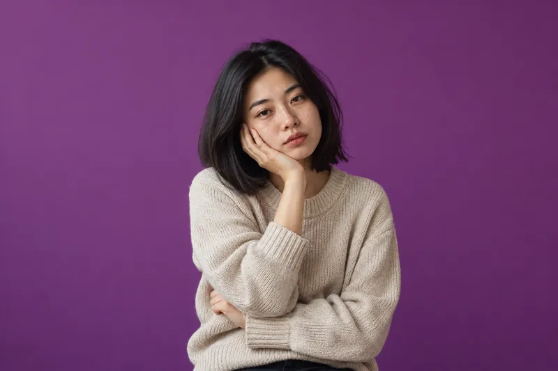 A young woman with a black bob in an oatmeal sweater rests her cheek on her hand, looking tired, against plum paper.