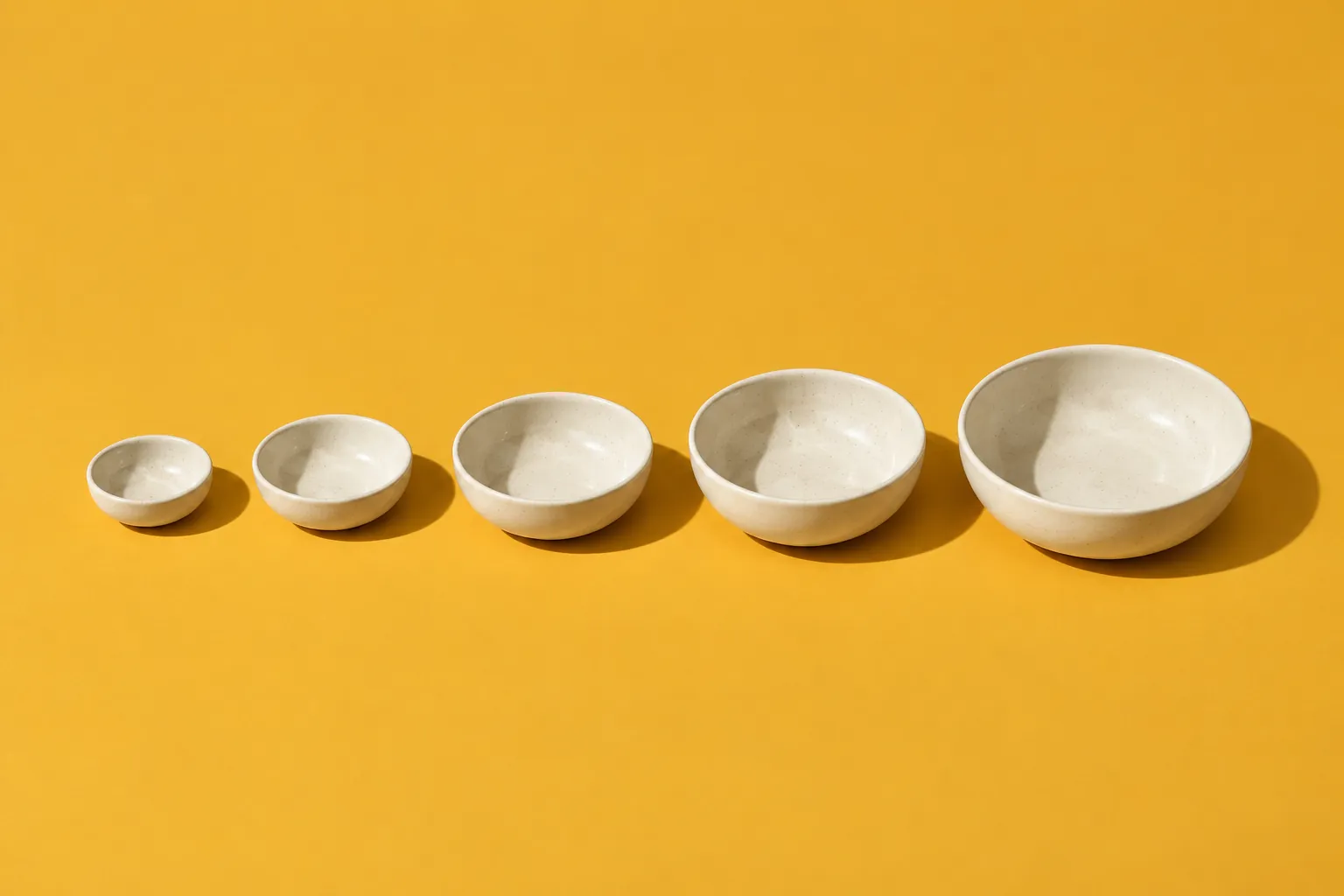 Five small cream ceramic dishes in graduated sizes, in a row on mustard-yellow paper.