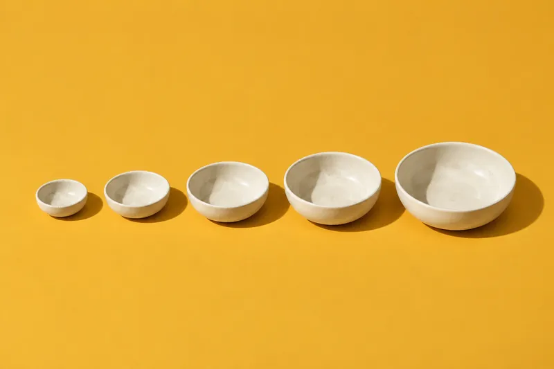 Five small cream ceramic dishes in graduated sizes, in a row on mustard-yellow paper.