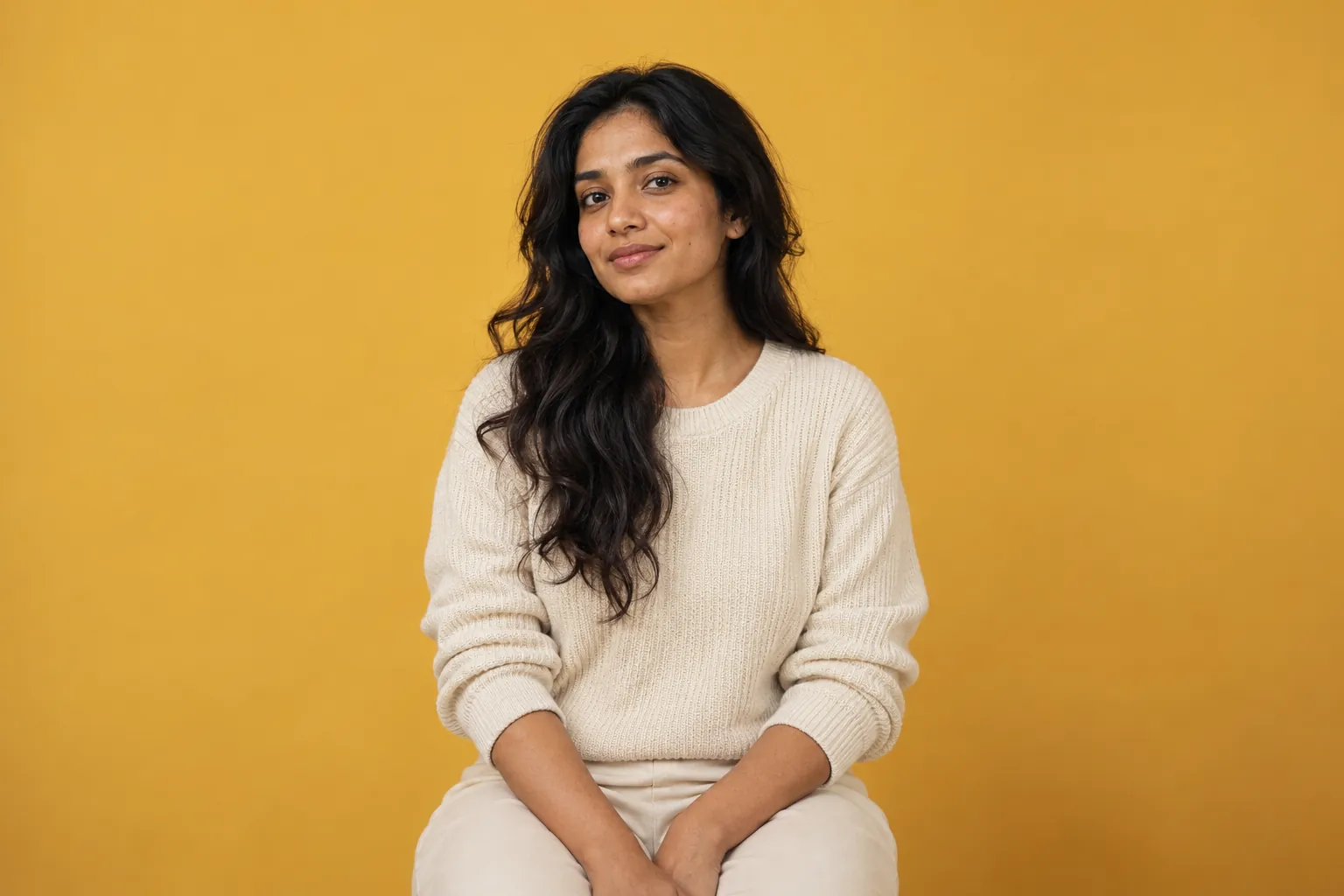 A young woman with long dark wavy hair in a cream knit top, seated against mustard-yellow paper, with a calm half smile.