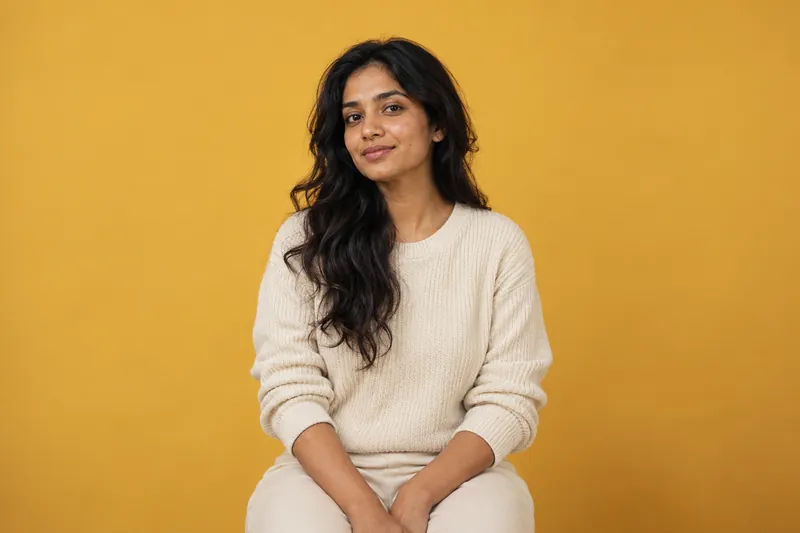A young woman with long dark wavy hair in a cream knit top, seated against mustard-yellow paper, with a calm half smile.