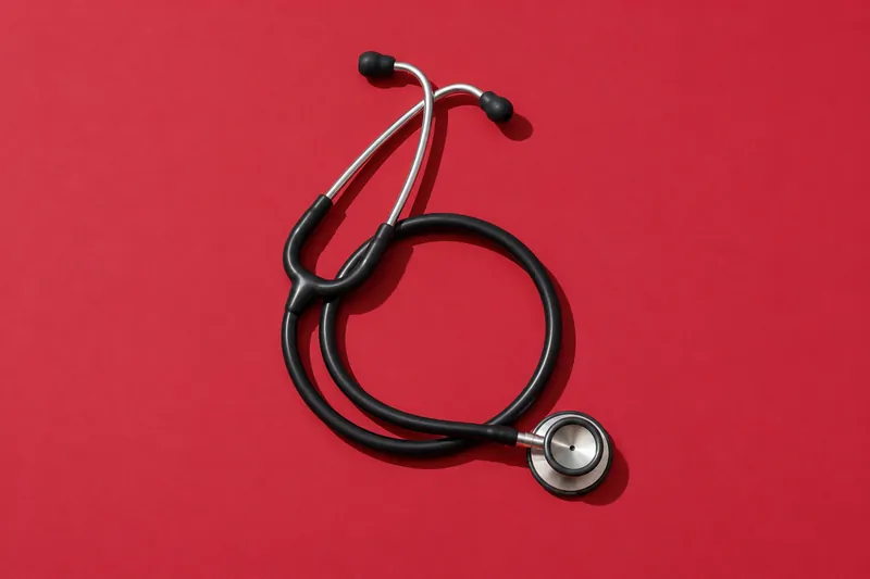 A stethoscope coiled into a loose circle on cherry-red paper.
