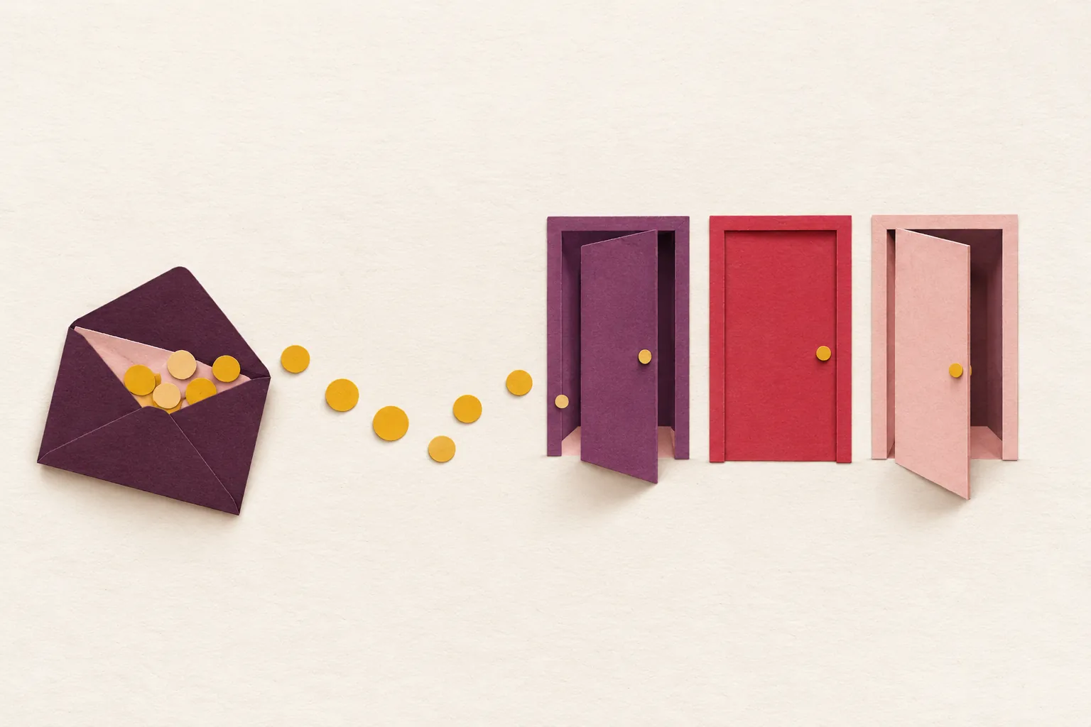 An aubergine paper envelope spilling mustard dots towards three paper doors, the cherry one firmly closed, on cream paper.
