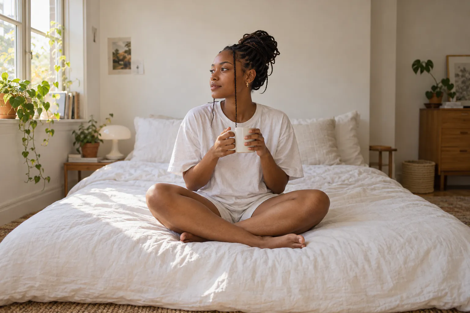 A woman with braids sits cross-legged on a white bed in morning light, holding a mug and looking out of the window.