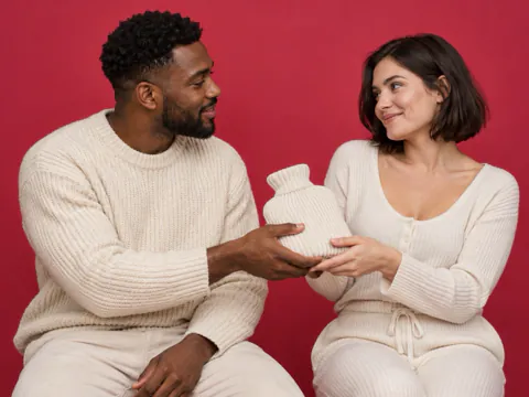 A man hands a woman a knitted hot water bottle against cherry paper.