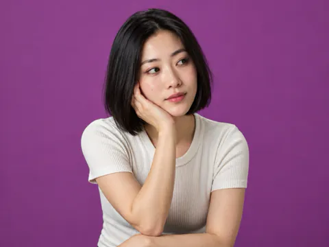 A woman with a black bob rests her chin on her hand against plum paper.